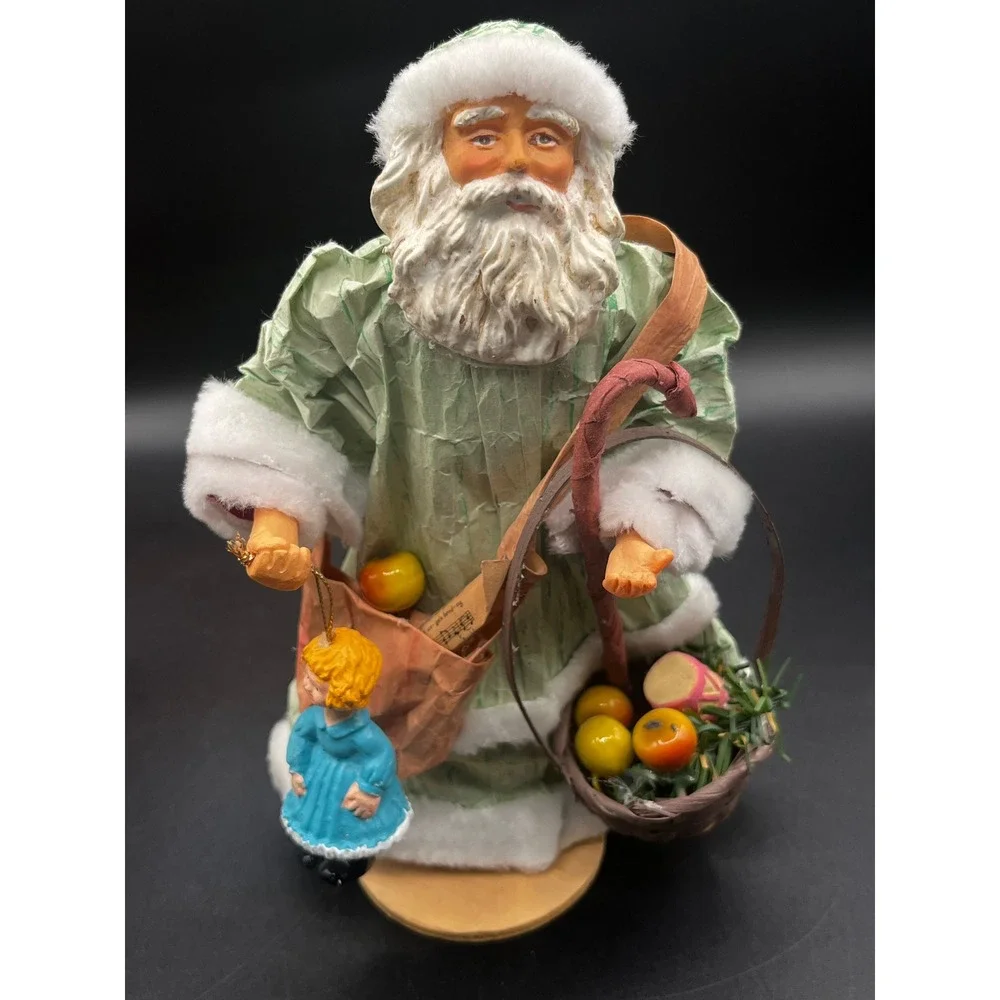 Paper Mache Santa Claus Figurines Set of 2 Hard Plastic Face Hands 8